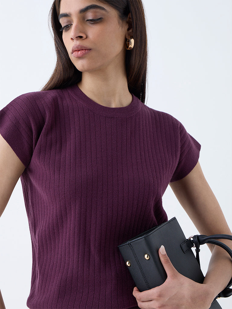 Wardrobe Plum Self-Striped T-Shirt - Image 3
