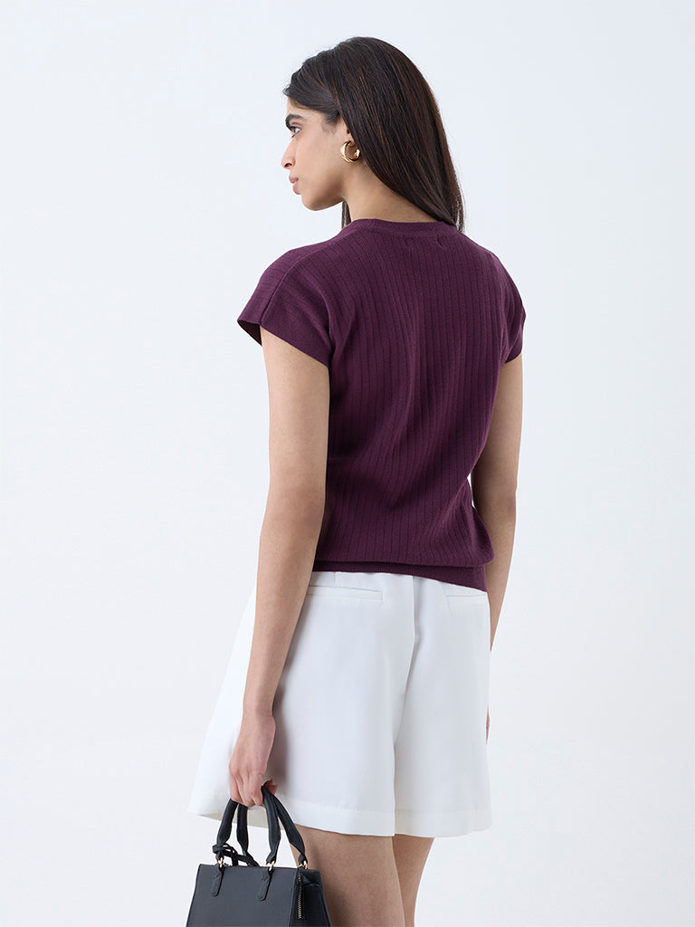 Wardrobe Plum Self-Striped T-Shirt - Image 4