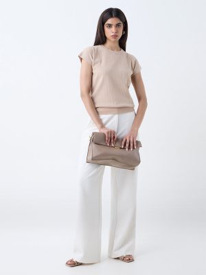 Wardrobe Beige Self-Striped T-Shirt