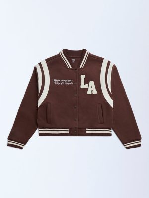 Y&F Kids Dark Brown Typographic Cotton-Blend Varsity Jacket