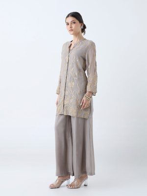 Vark Grey Floral Embroidered Straight Ethnic Set