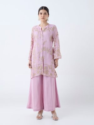 Vark Lilac Floral Embroidered Straight Ethnic Set