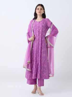 Vark Magenta Embroidered A-Line Cotton-Blend Ethnic Set