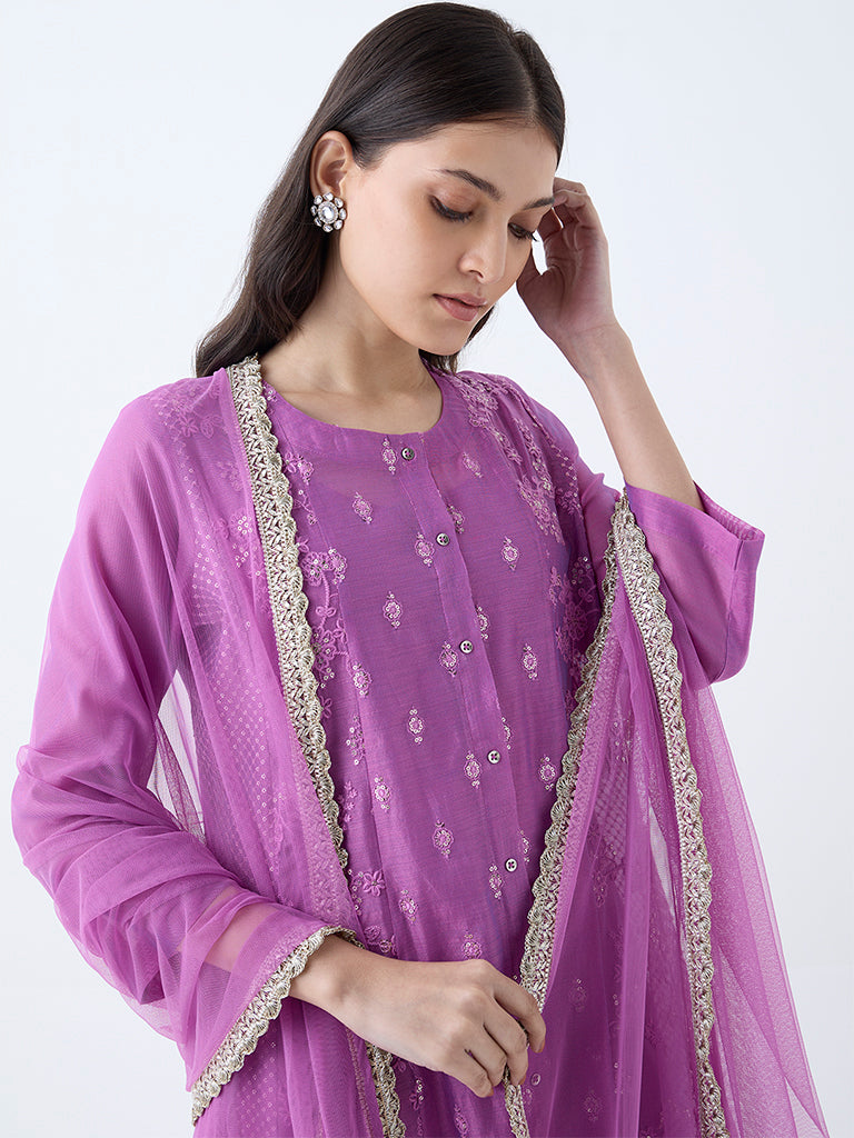 Vark Magenta Embroidered A-Line Cotton-Blend Ethnic Set - Image 3