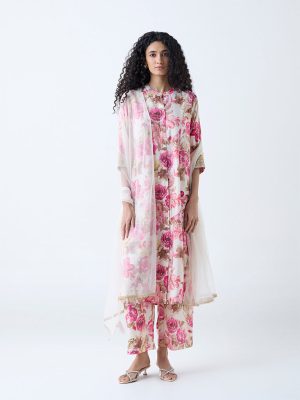Vark Pink Floral Pattern A-Line Ethnic Set