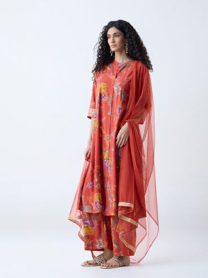 Vark Orange Floral Pattern A-Line Ethnic Set