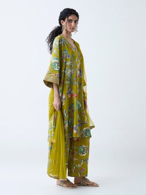 Vark Lime Floral Pattern A-Line Ethnic Set