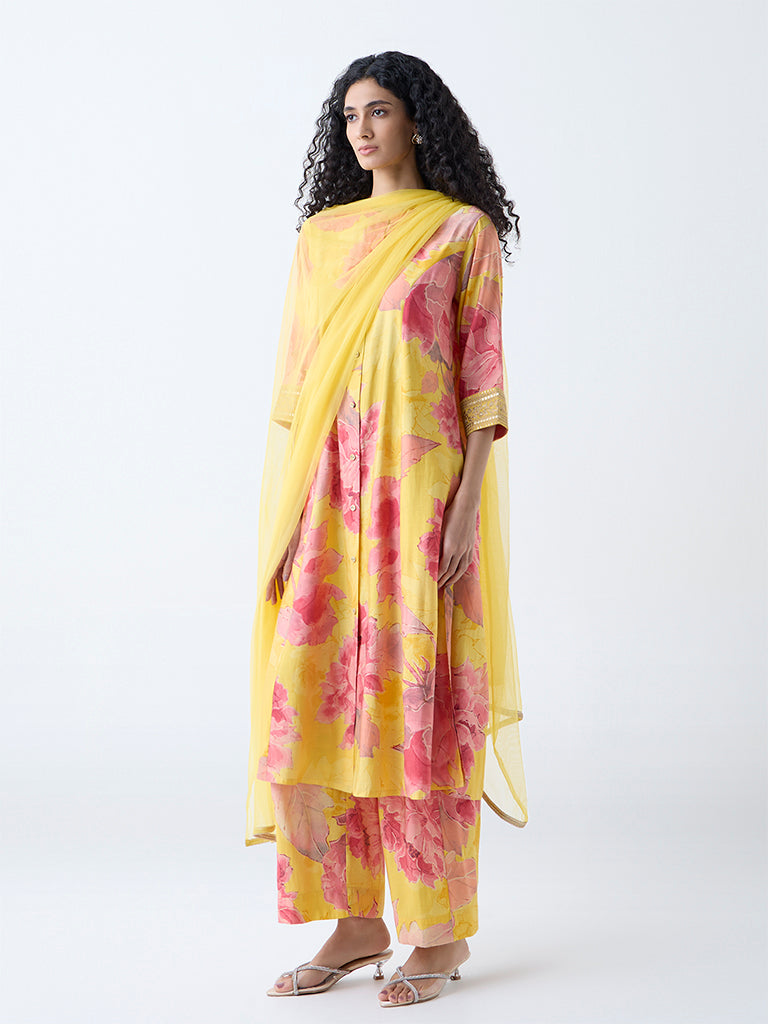 Vark Yellow Floral Patterned A-Line Ethnic Set - Image 2