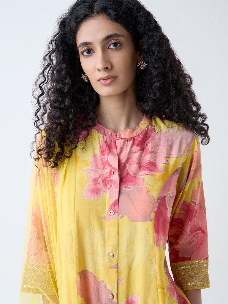 Vark Yellow Floral Patterned A-Line Ethnic Set - Image 3