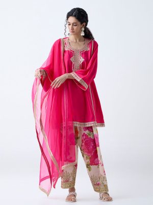 Vark Fuchsia Embellished A-Line Ethnic Set