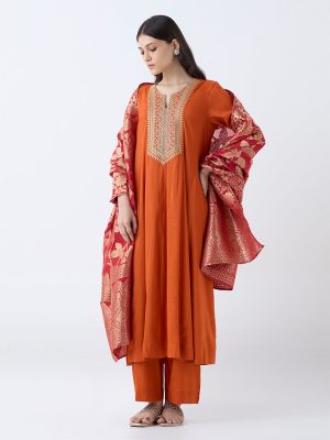 Vark Orange Zari Embroidered A-Line Ethnic Set