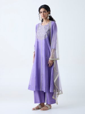 Vark Lilac Floral Embroidered Cotton-Blend A-Line Ethnic Set