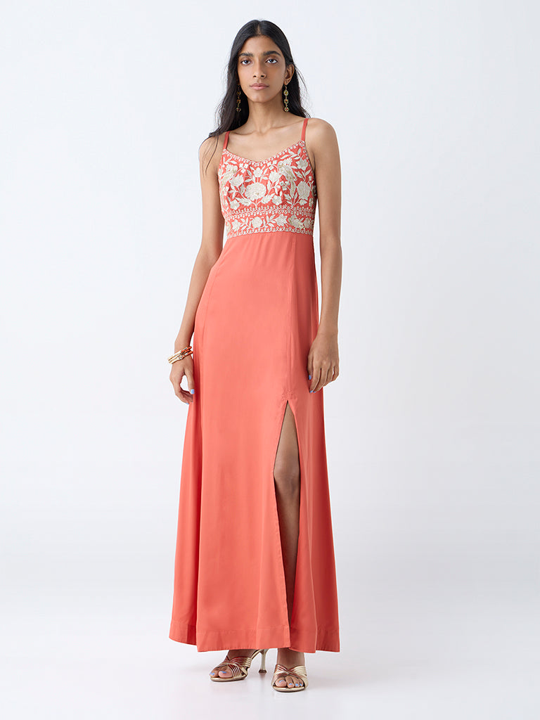 Vark Orange Floral Embroidered A-Line Dress