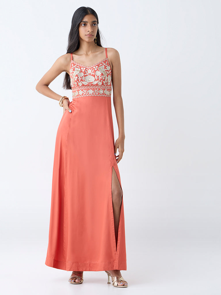 Vark Orange Floral Embroidered A-Line Dress - Image 2