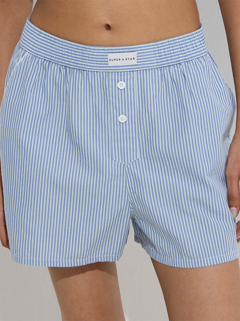 Superstar Blue Stripe High-Rise Cotton-Blend Boxer Shorts - Image 3