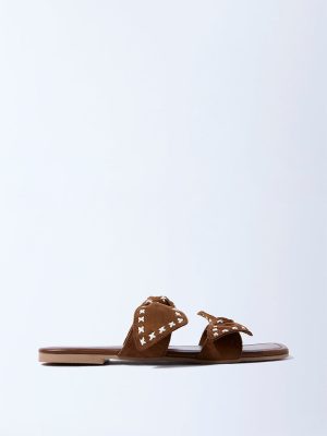 LUNA BLU Brown Bow-Detailed Slides