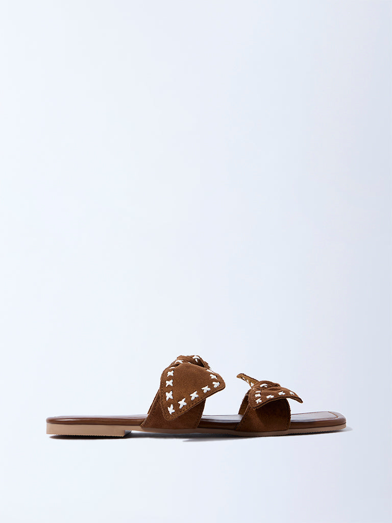 LUNA BLU Brown Bow-Detailed Slides