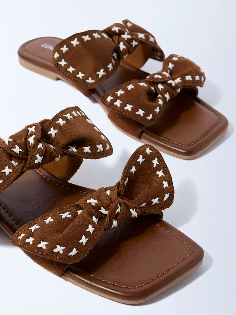 LUNA BLU Brown Bow-Detailed Slides - Image 3
