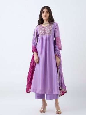 Vark Lilac Embroidered Cotton-Blend Anarkali Ethnic Set