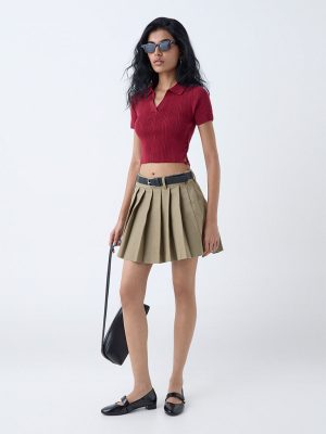 Nuon Maroon Ribbed-Textured T-Shirt