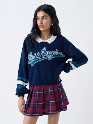 Nuon Navy Text Detailed Sweater