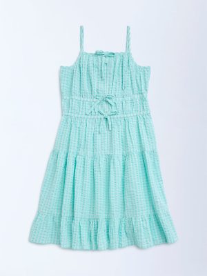 Y&F Kids Aqua Checkered Cotton Tiered Dress