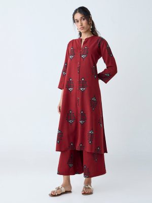 Utsa Maroon Printed A-Line Kurta