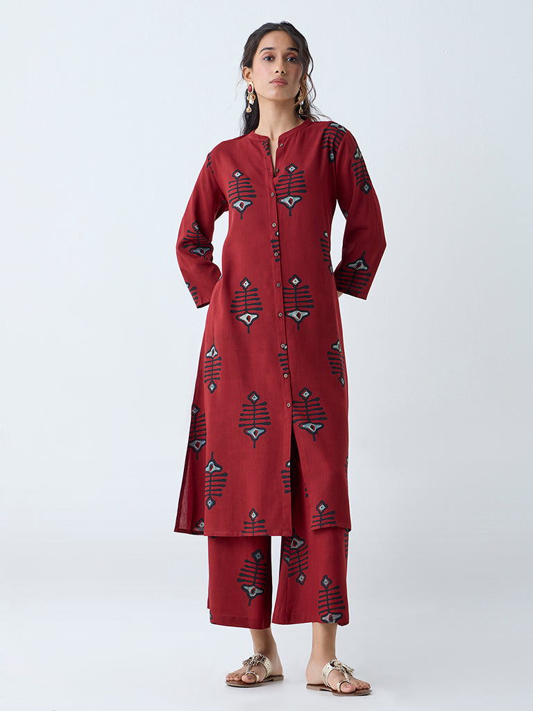 Utsa Maroon Printed A-Line Kurta - Image 2