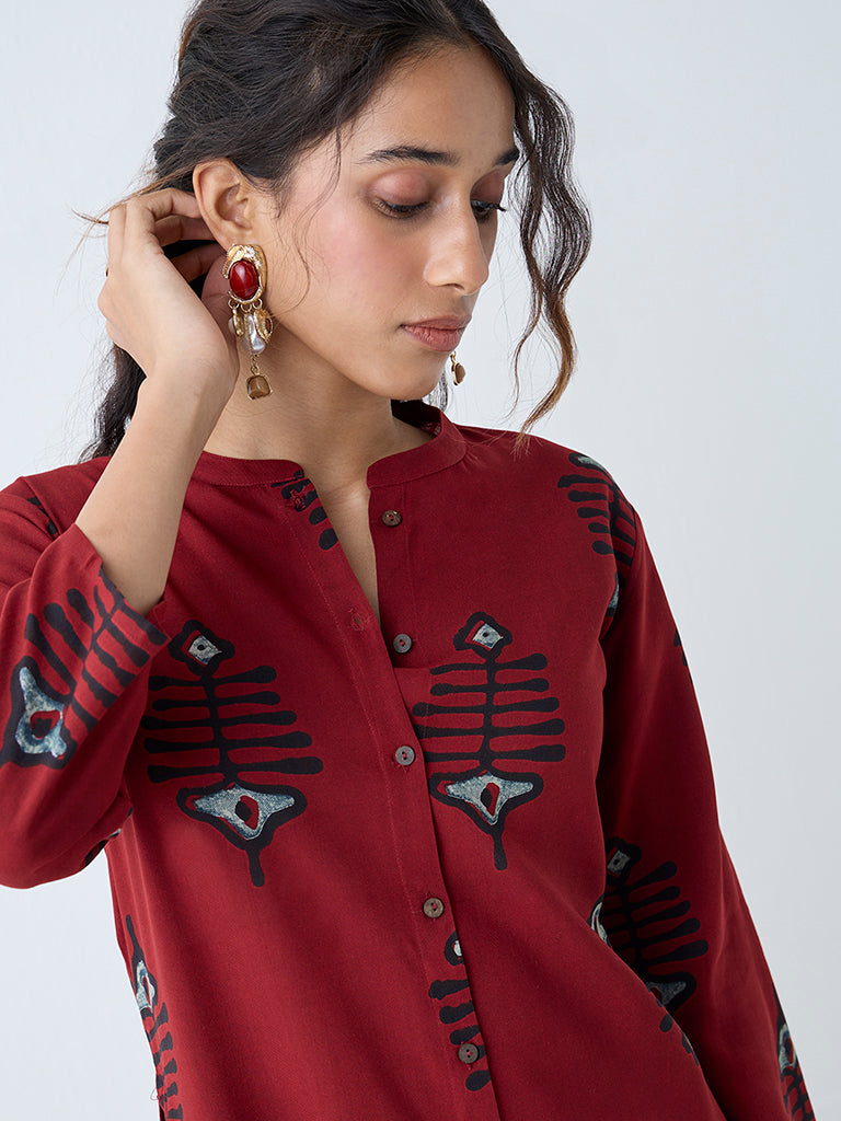 Utsa Maroon Printed A-Line Kurta - Image 3