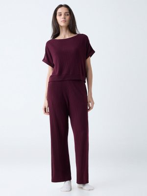 Wunderlove Wine Ribbed-Textured High-Rise Pants