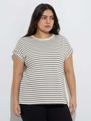 Gia Off-White Stripe Patterned Cotton T-Shirt