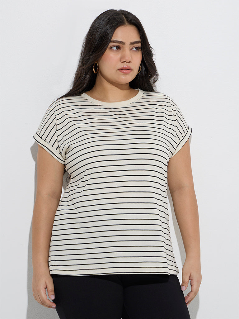Gia Off-White Stripe Patterned Cotton T-Shirt