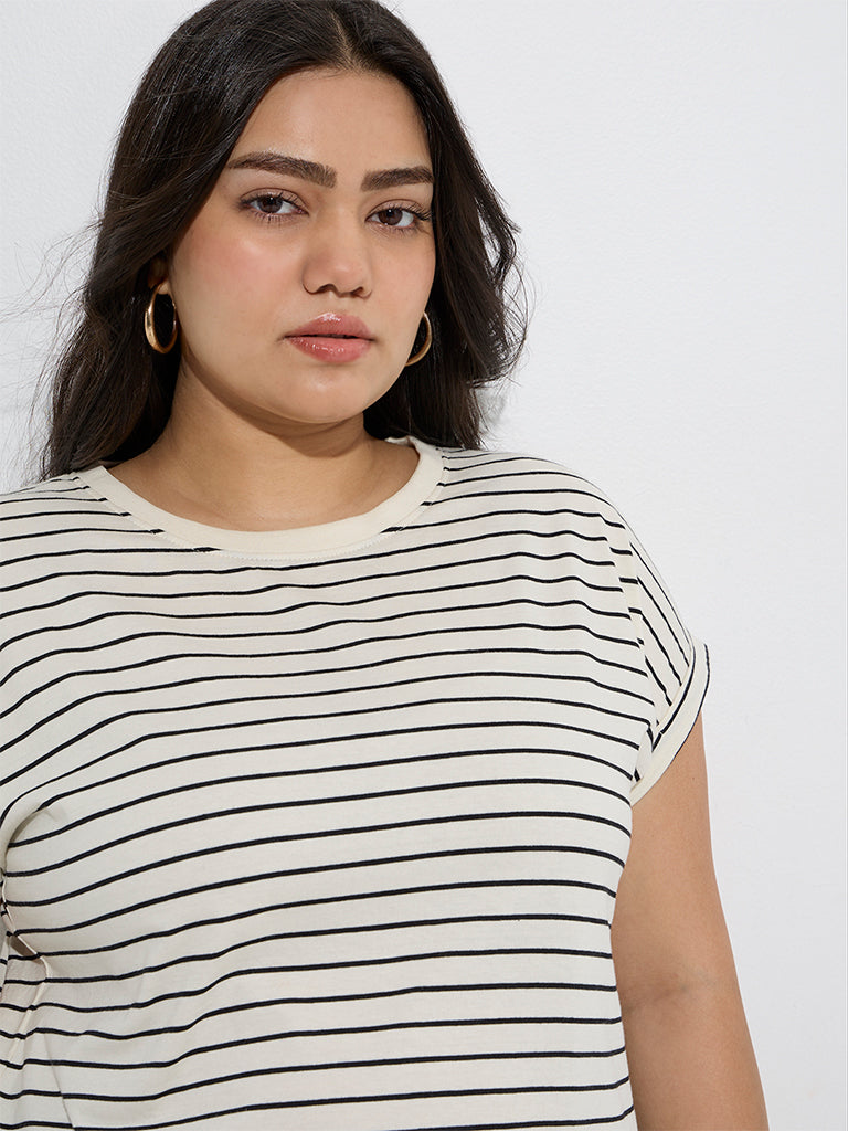 Gia Off-White Stripe Patterned Cotton T-Shirt - Image 3