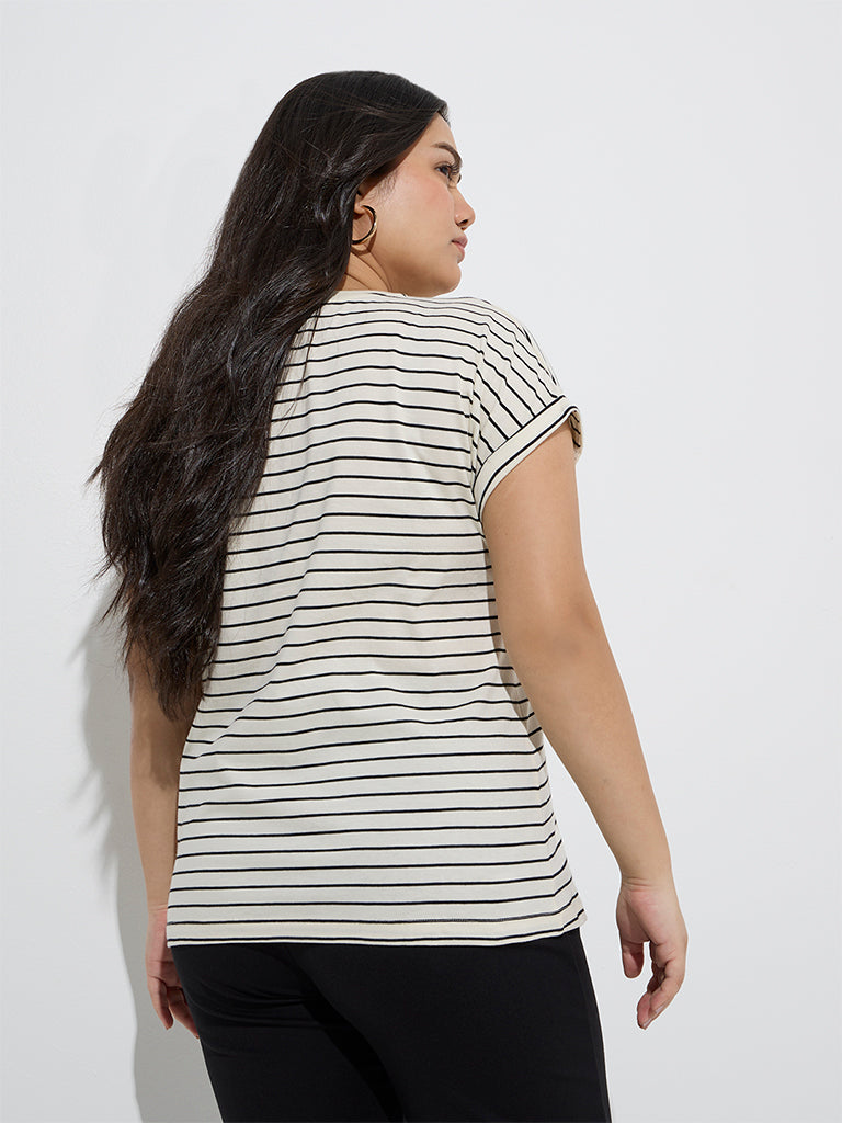 Gia Off-White Stripe Patterned Cotton T-Shirt - Image 4