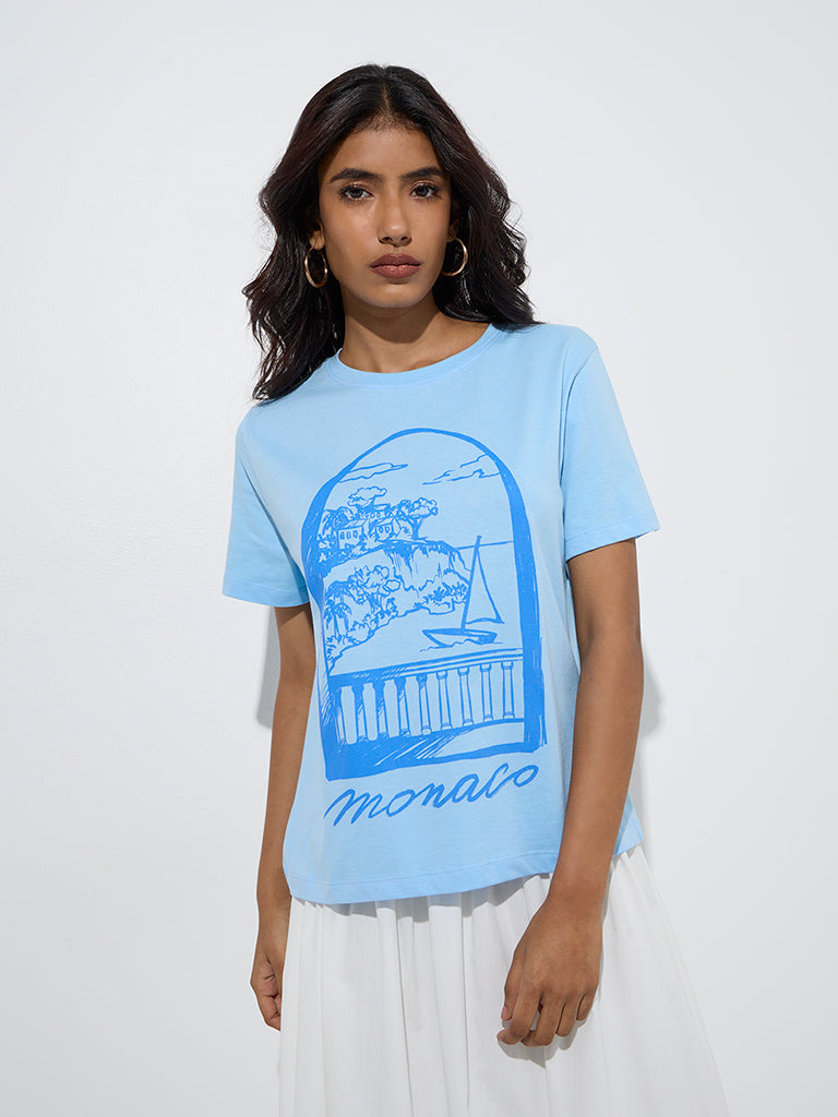 LOV Light Blue Scenic-Inspired Cotton T-Shirt - Image 3