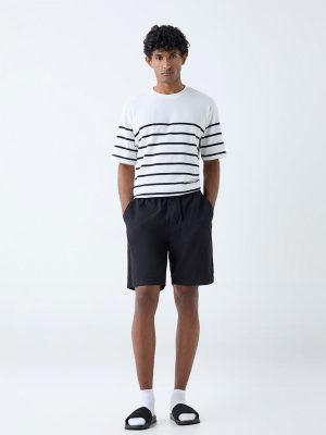WES Lounge Black Solid Relaxed-Fit Mid-Rise Cotton Shorts