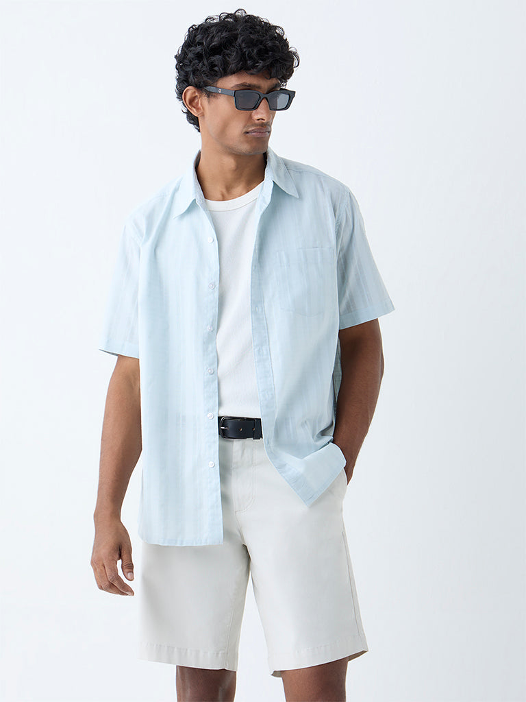 WES Casuals Light Blue Checkered Relaxed-Fit Cotton Shirt