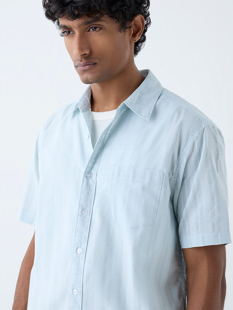 WES Casuals Light Blue Checkered Relaxed-Fit Cotton Shirt - Image 4