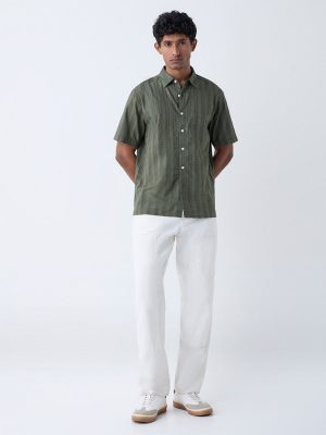 WES Casuals Olive Checks Detailed Relaxed-Fit Cotton Shirt