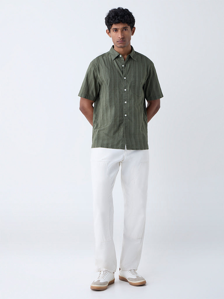WES Casuals Olive Checks Detailed Relaxed-Fit Cotton Shirt
