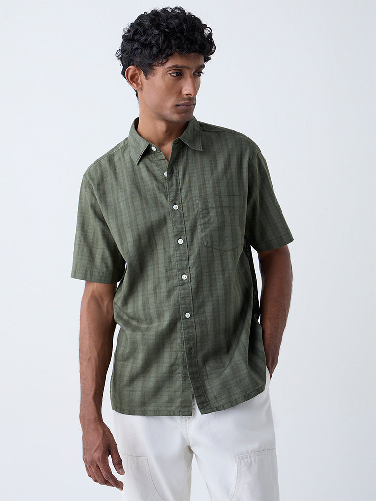 WES Casuals Olive Checks Detailed Relaxed-Fit Cotton Shirt - Image 3