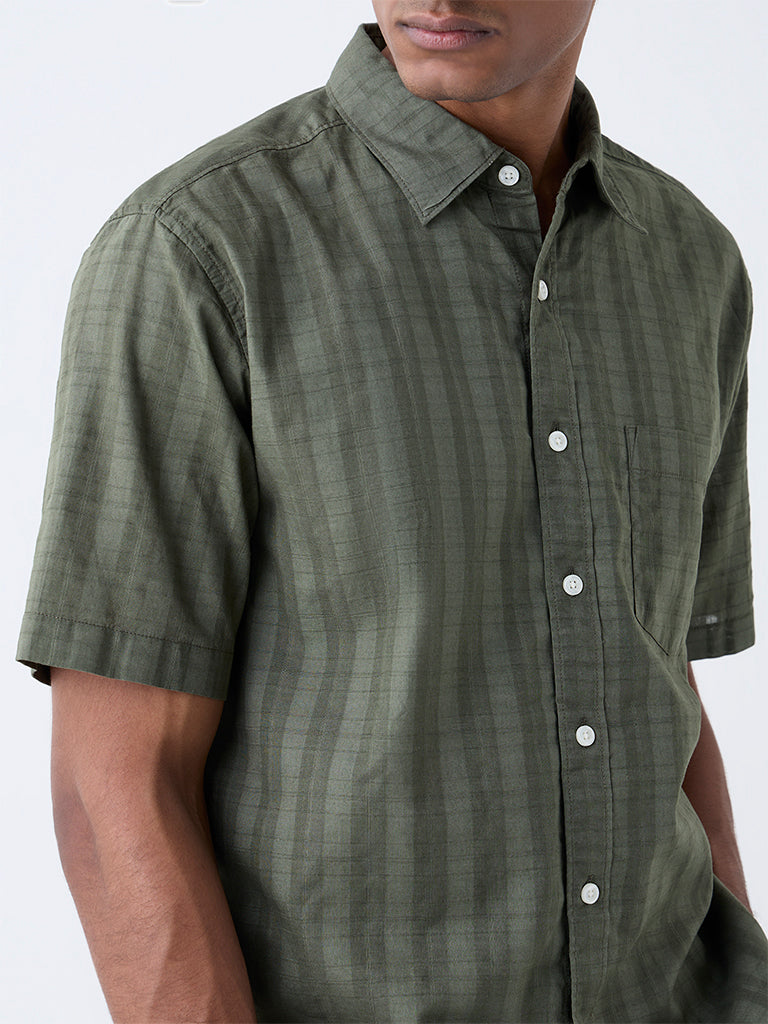 WES Casuals Olive Checks Detailed Relaxed-Fit Cotton Shirt - Image 4