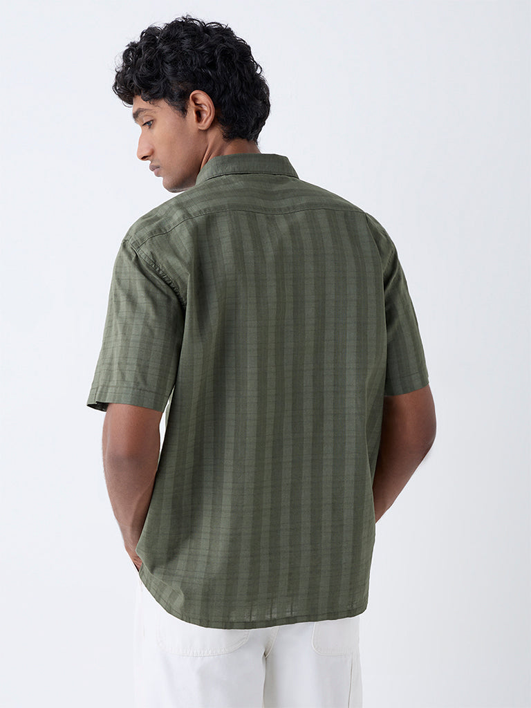 WES Casuals Olive Checks Detailed Relaxed-Fit Cotton Shirt - Image 5
