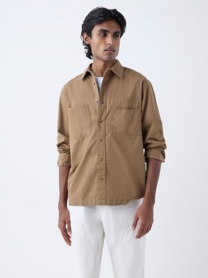 WES Casuals Taupe Solid Relaxed-Fit Cotton Shirt