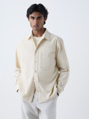 WES Casuals Cream Solid Relaxed-Fit Cotton Shirt