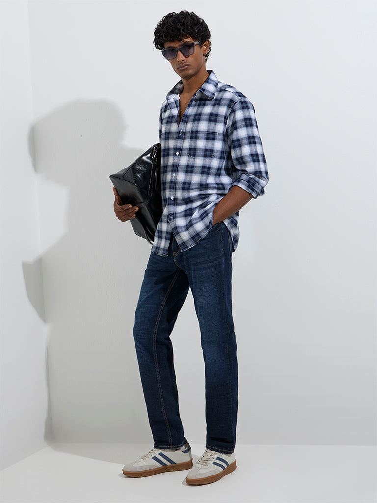 WES Casuals Navy Checkered Relaxed-Fit Cotton Shirt