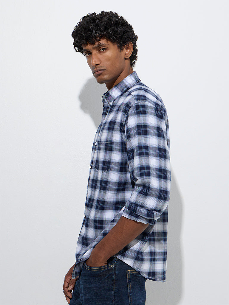 WES Casuals Navy Checkered Relaxed-Fit Cotton Shirt - Image 2