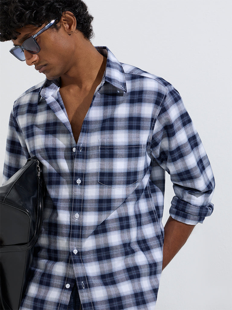 WES Casuals Navy Checkered Relaxed-Fit Cotton Shirt - Image 3