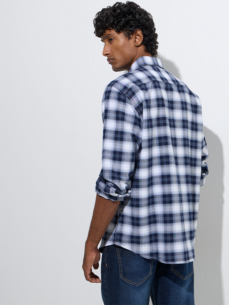 WES Casuals Navy Checkered Relaxed-Fit Cotton Shirt - Image 4