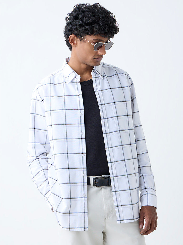 WES Casuals White Checks Design Relaxed-Fit Cotton Shirt - Image 2